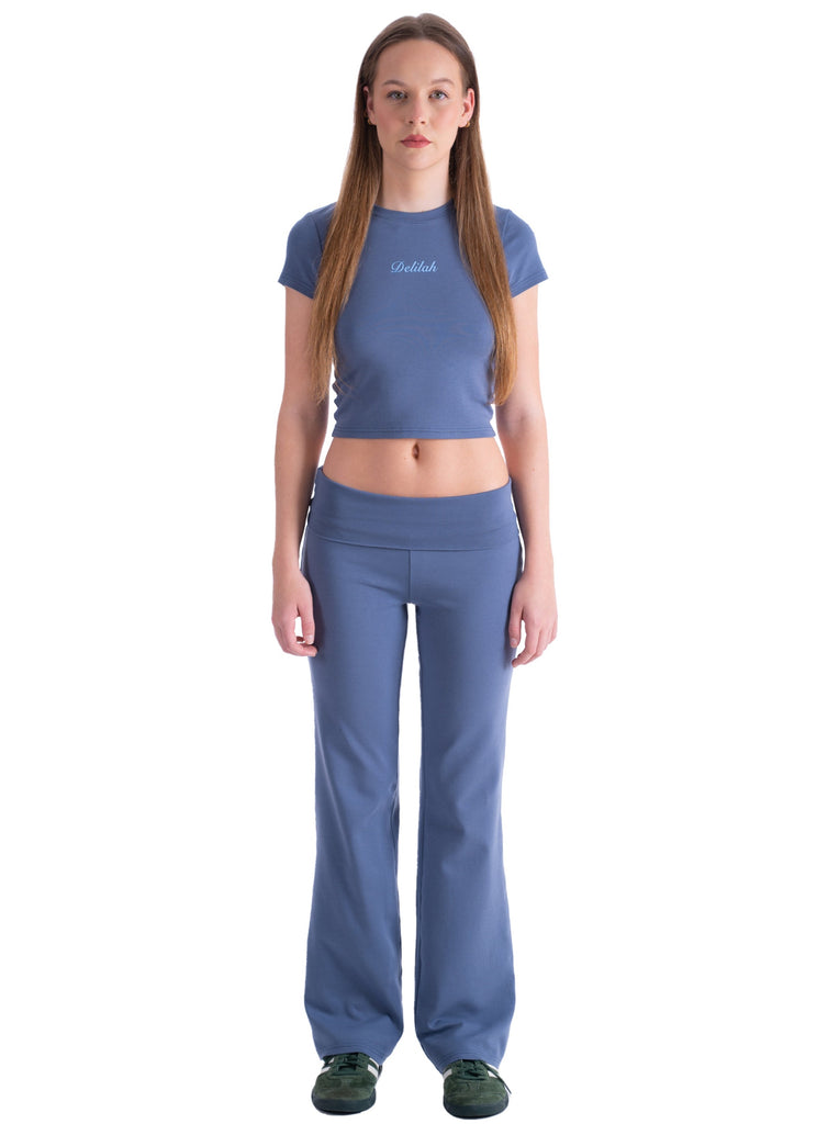 Womens blue fold-over flared yoga pant
