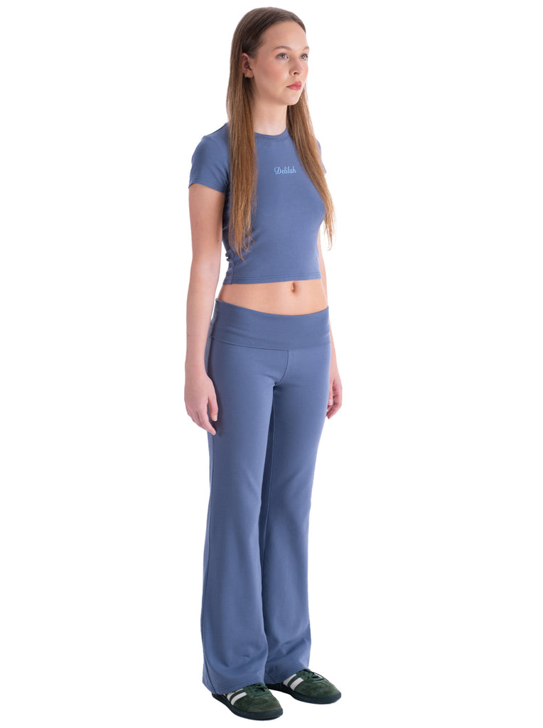 Womens blue fold-over flared yoga pant